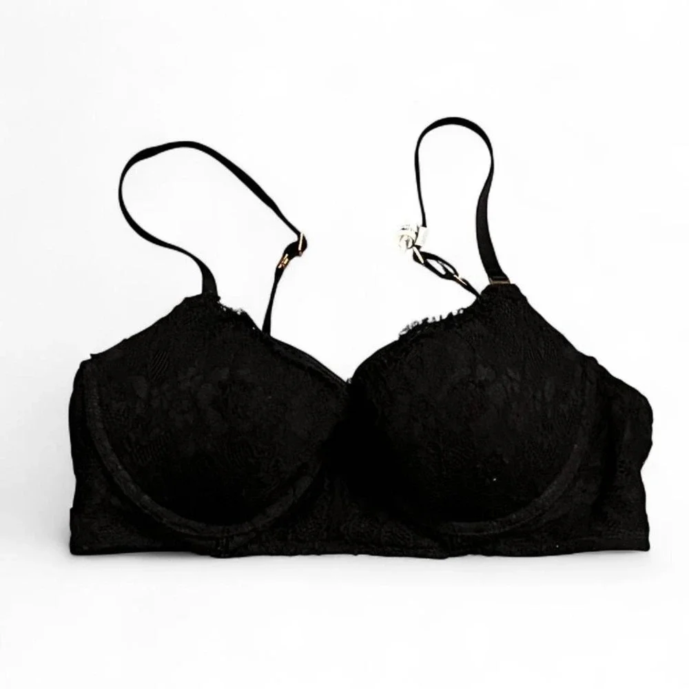 Aerie Black Lace Strappy Back Bra 34C Padded Underwire